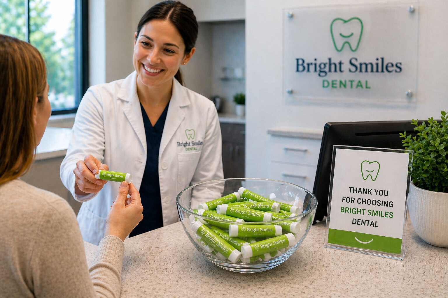 Custom Lip Balm for Dental Offices – BeeMinty Custom lip balm for dentists displayed in dental office reception with branded lip balm bowl