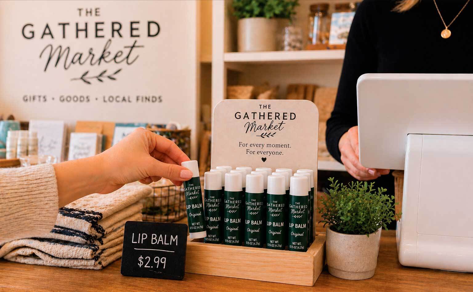 A retail checkout counter featuring custom lip balm in a compact display, positioned for easy impulse purchases in boutiques and gift shops. This setup shows how BeeMinty lip balm works as a simple, high-margin add-on product for retail stores looking to increase sales at the counter.