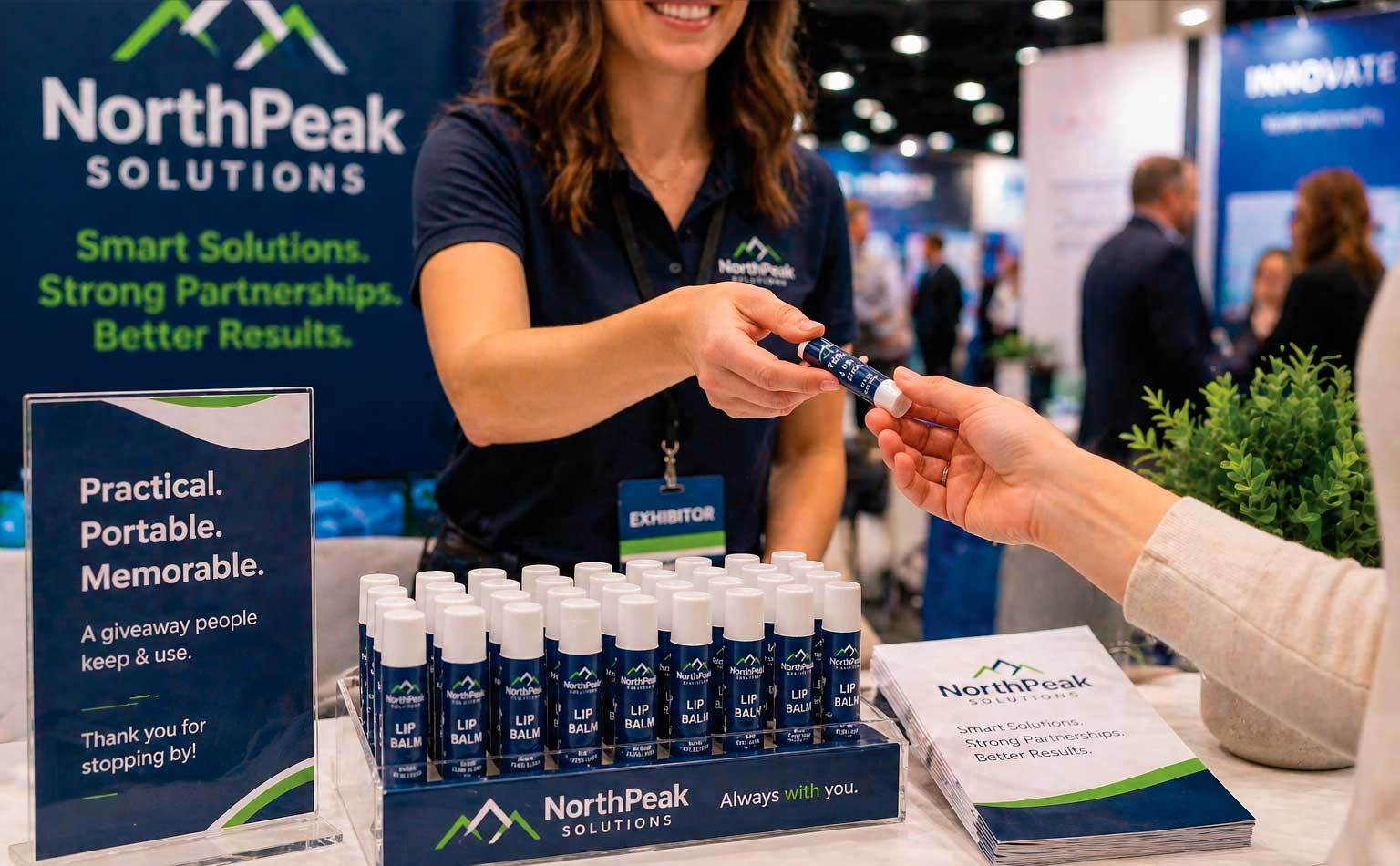 A trade show booth interaction where a promotional lip balm is handed to an attendee, showing how brands use BeeMinty lip balm as a practical, take-home giveaway. Ideal for event marketers looking to increase brand visibility beyond the booth with a product people actually keep and use.